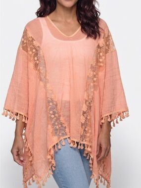 Pretty Angel Peach Lace-Trim Tassel Swim Coverup